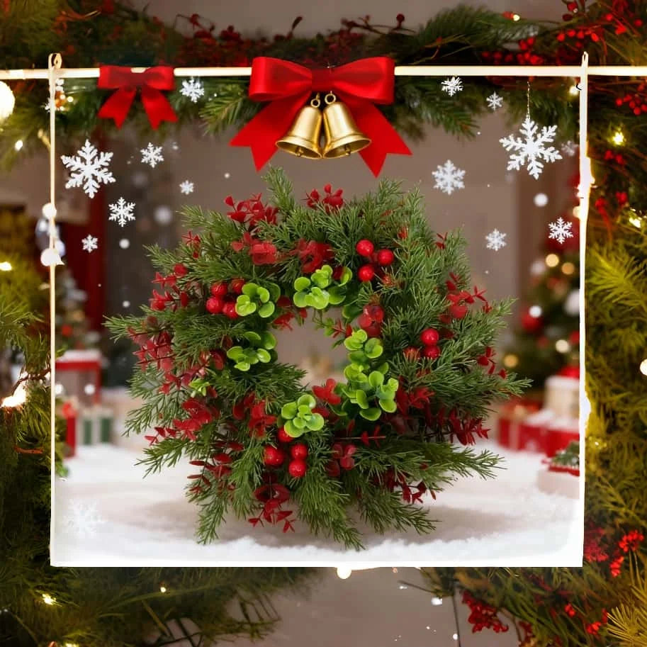 40cm Christmas Wreath with Red Berries - Artificial Eucalyptus Leaf Door Hanger