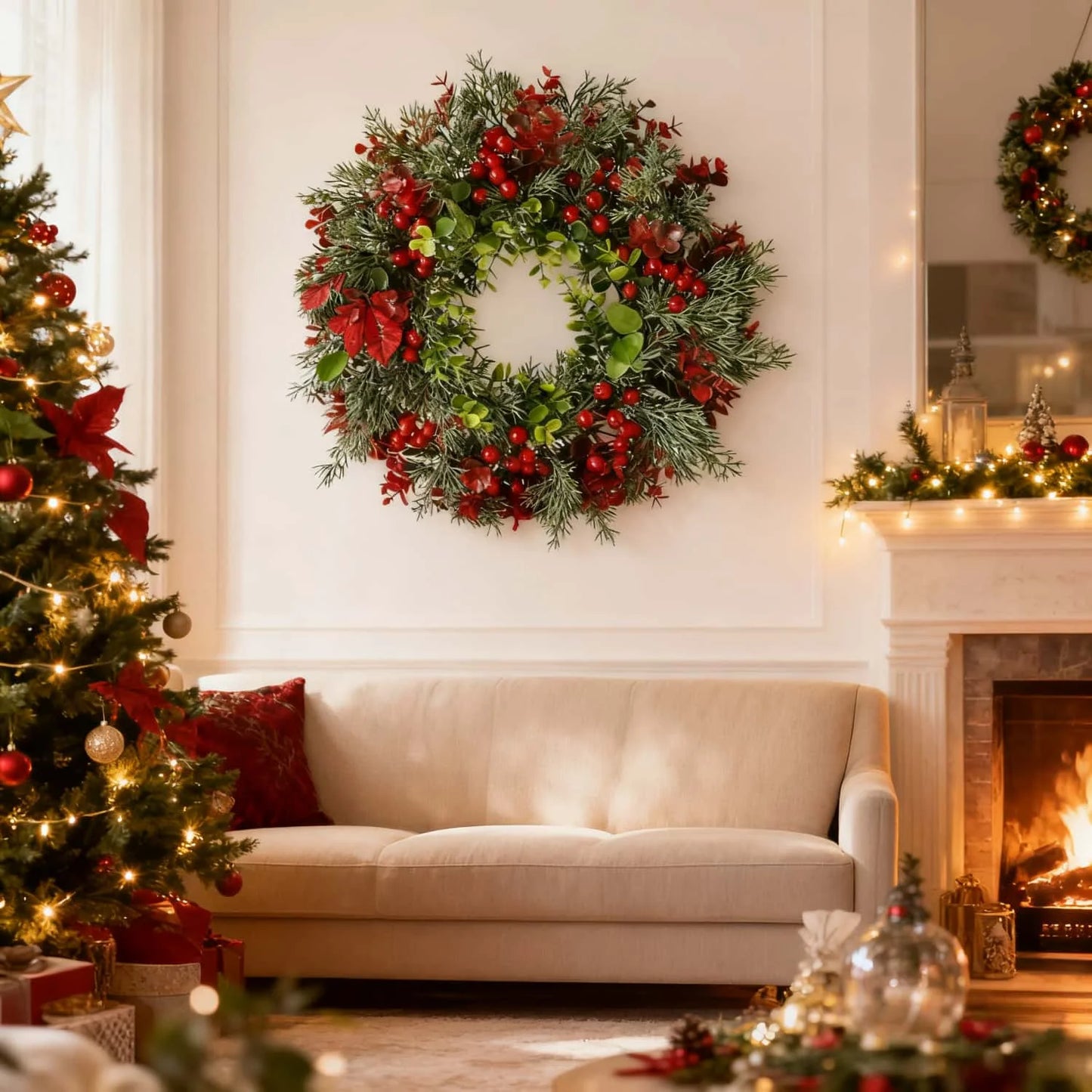 40cm Christmas Wreath with Red Berries - Artificial Eucalyptus Leaf Door Hanger