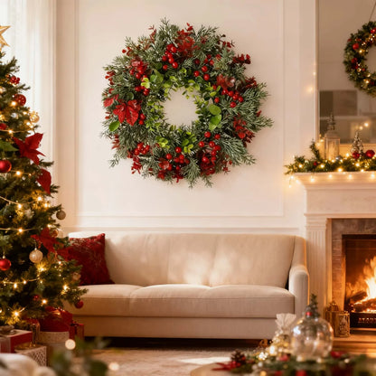 40cm Christmas Wreath with Red Berries - Artificial Eucalyptus Leaf Door Hanger