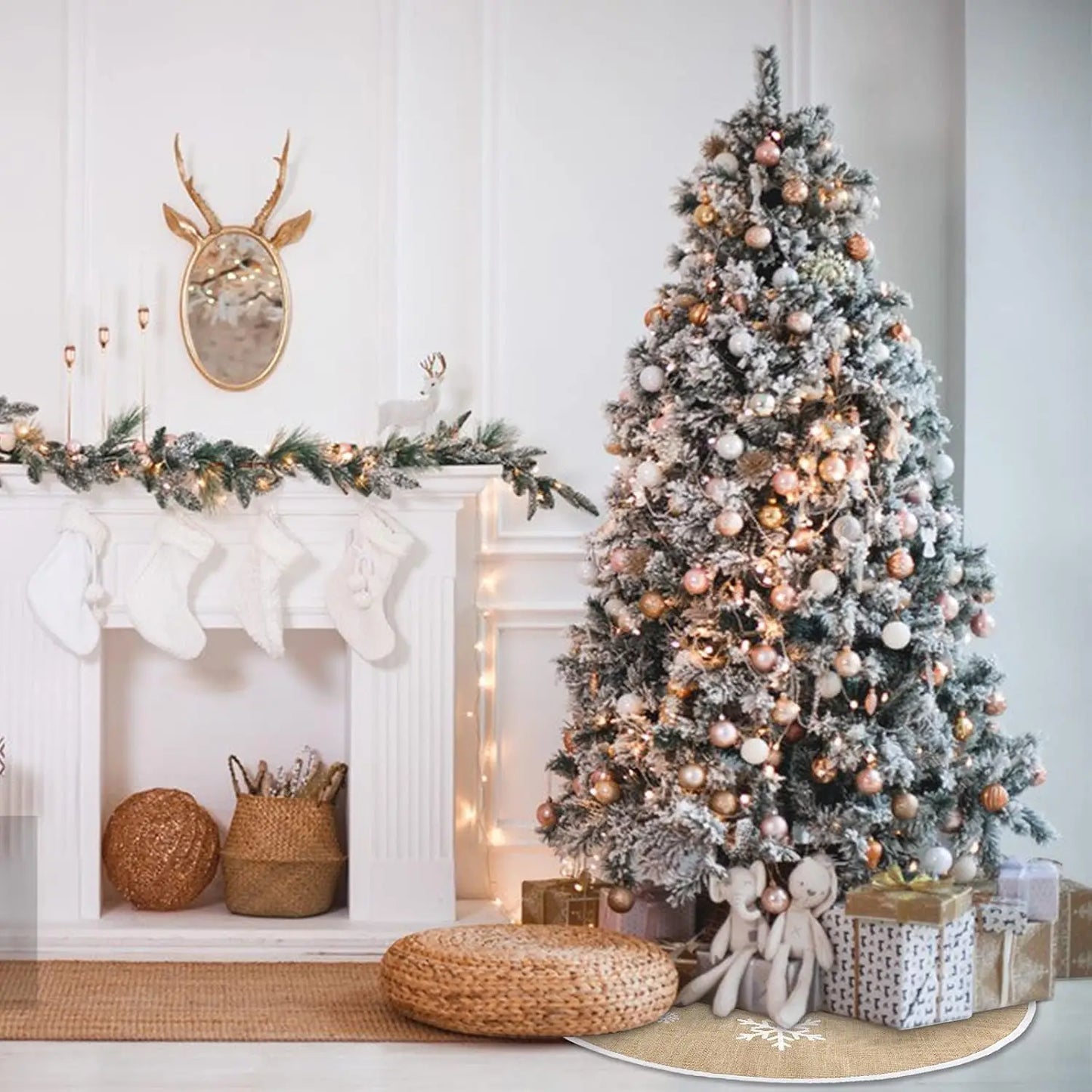 Rustic Tree Skirt with Snowflakes Printed Christmas Tree Mat