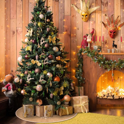 Rustic Tree Skirt with Snowflakes Printed Christmas Tree Mat