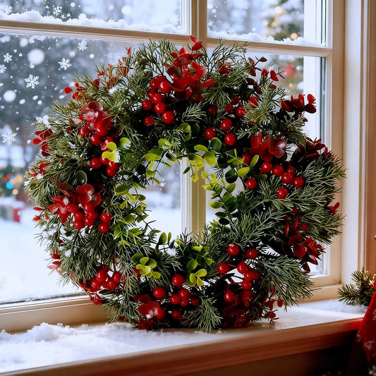 40cm Christmas Wreath with Red Berries - Artificial Eucalyptus Leaf Door Hanger