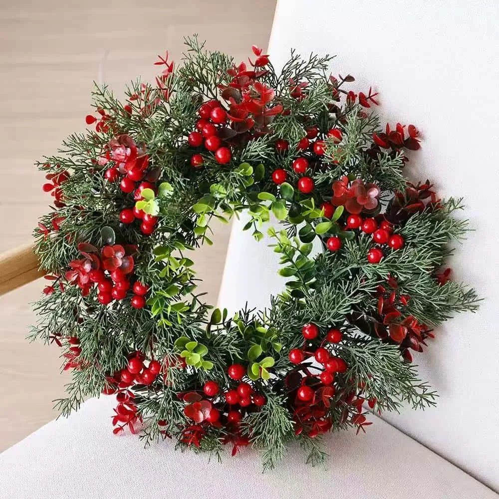 40cm Christmas Wreath with Red Berries - Artificial Eucalyptus Leaf Door Hanger