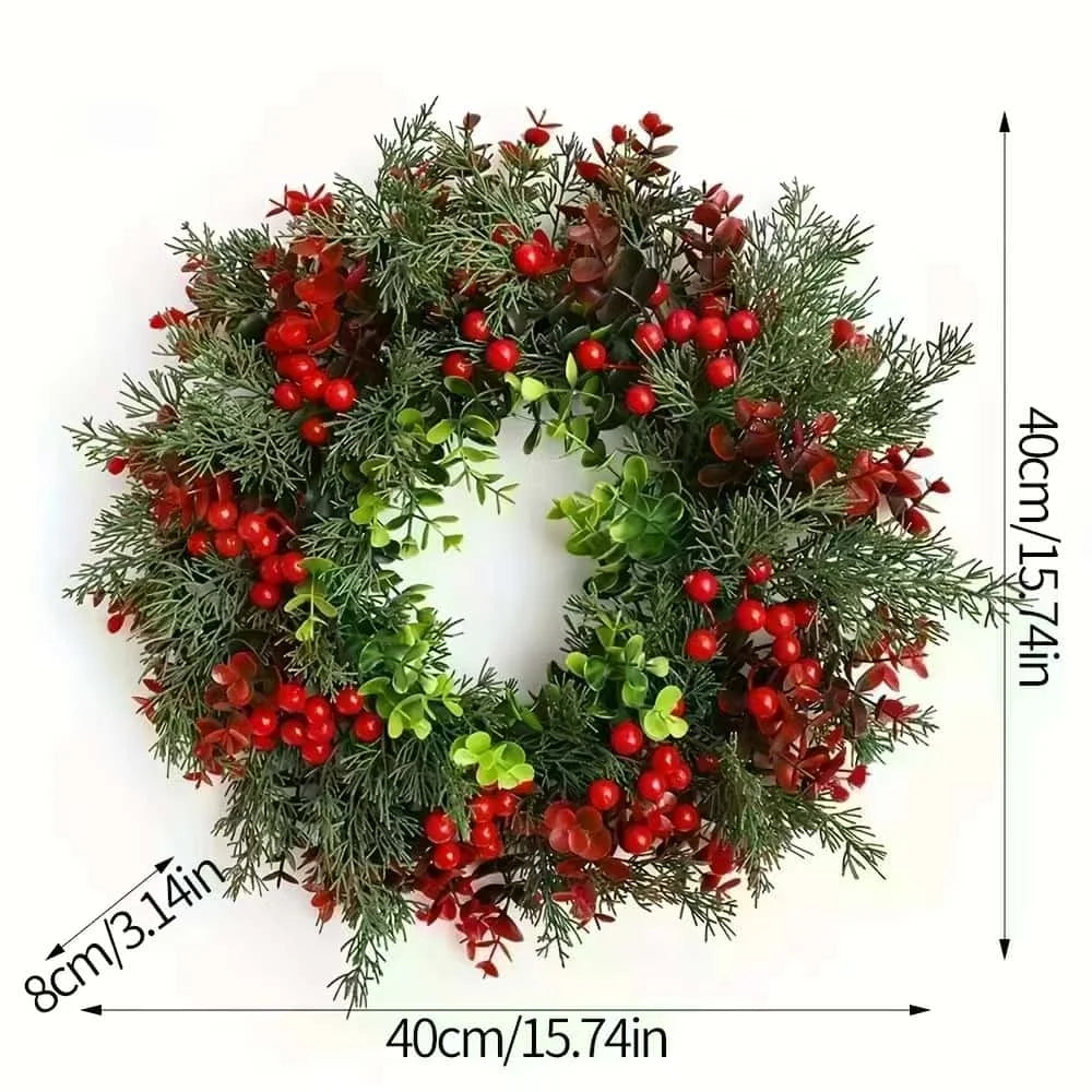 40cm Christmas Wreath with Red Berries - Artificial Eucalyptus Leaf Door Hanger