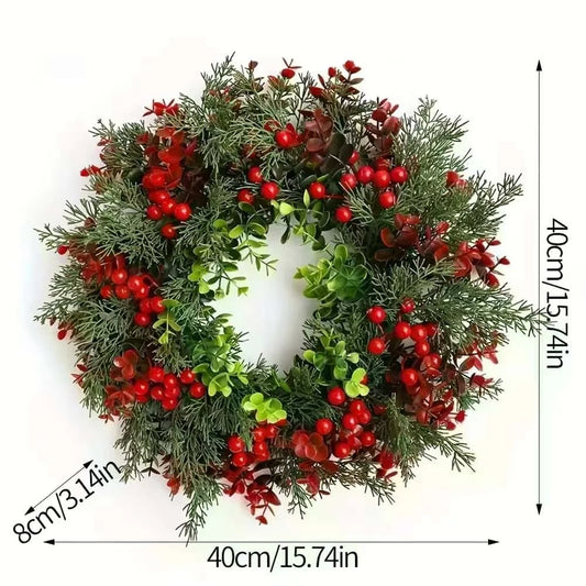 40cm Christmas Wreath with Red Berries - Artificial Eucalyptus Leaf Door Hanger