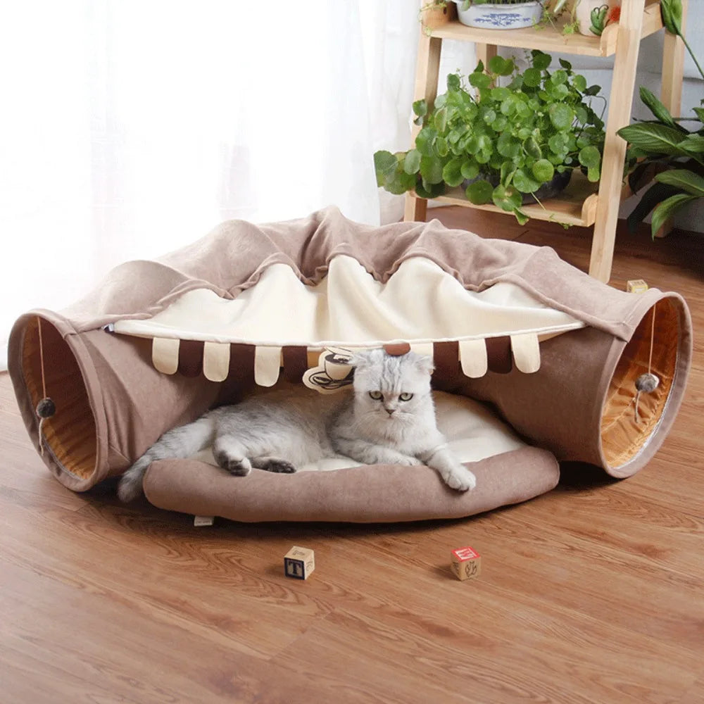 Foldable Kitty Training Interactive Tunnel with Space Cat Beds