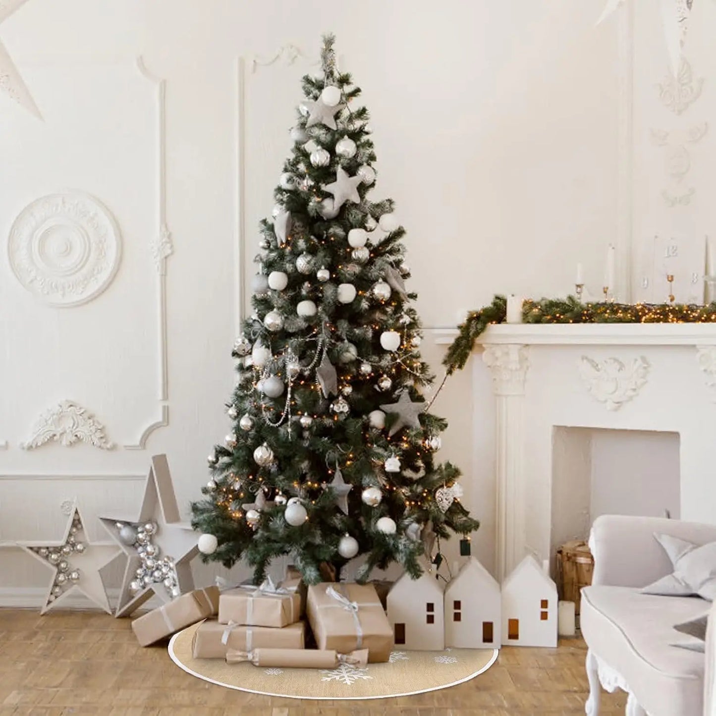 Rustic Tree Skirt with Snowflakes Printed Christmas Tree Mat