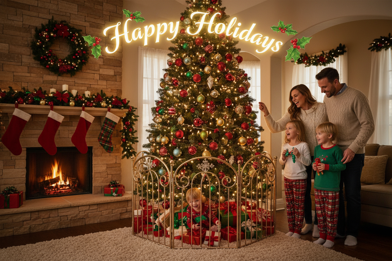create a banner with image only for christmas tree guard with happy familyy 